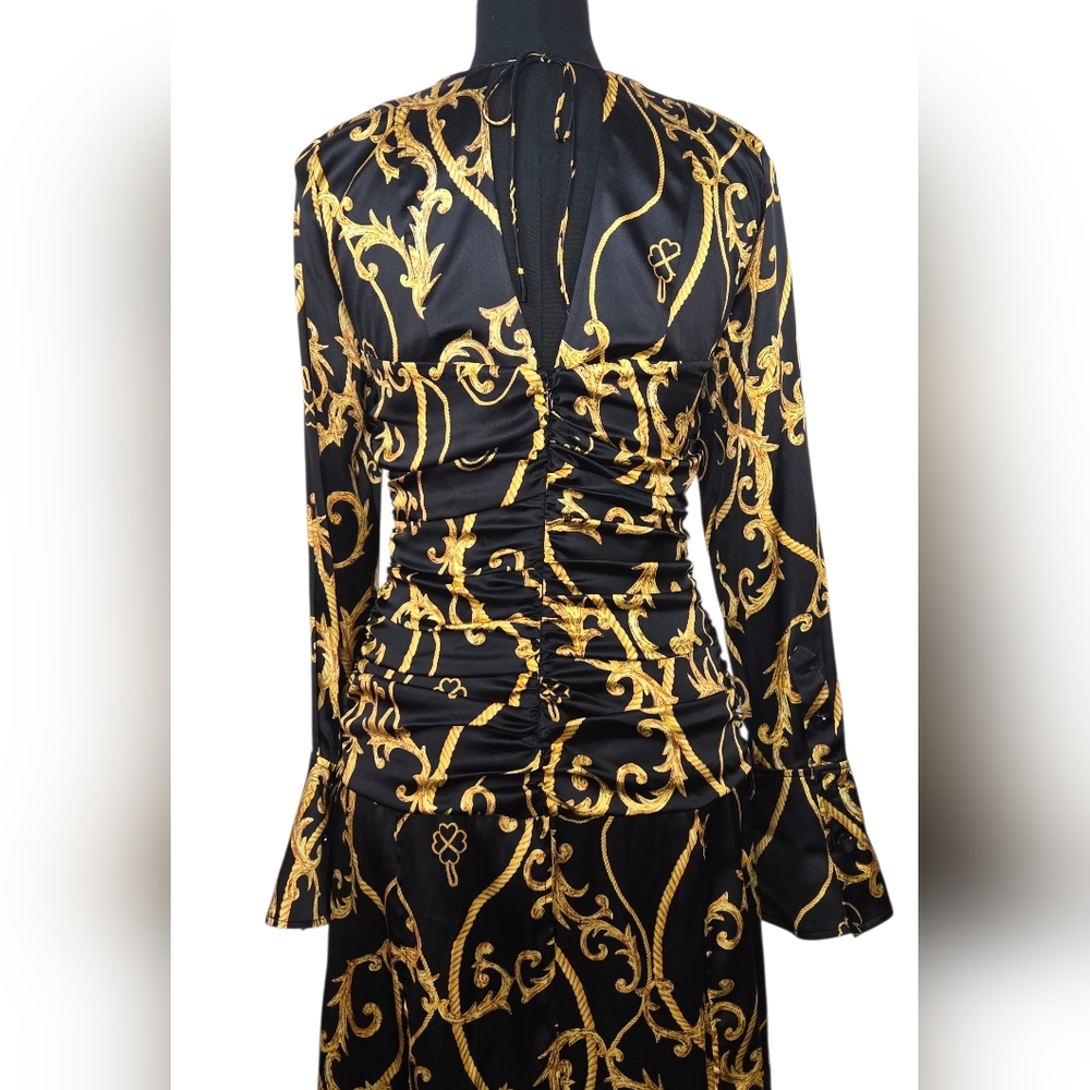GANNI Baroque Print Silk Blend Ruched Midi Dress Black Gold EU 36 US 4 - Picture 8 of 15